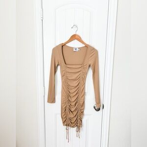 Princess Polly Long Sleeve Tan Ruched Dress Size 2